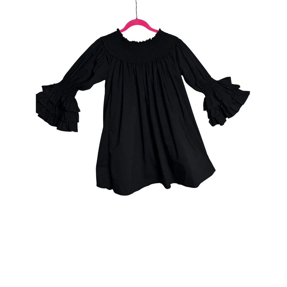 Blanc Studio Babydoll Dress Womens Black Smocked Tiered Ruffle Sleeve Mini - Picture 2 of 13